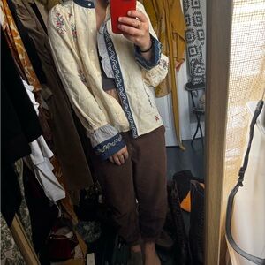 Sezane Cream and Blue Embroidered Blouse